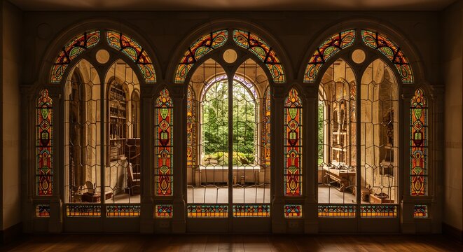 Ornate Stained Glass Windows in a Historic Castle Interior