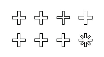 Set of eight plus signs isolated on white background for decoration