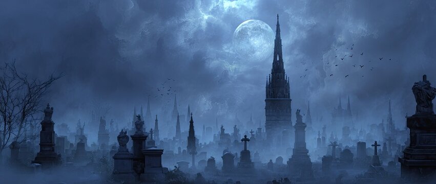 A foggy, dark graveyard under a full moon