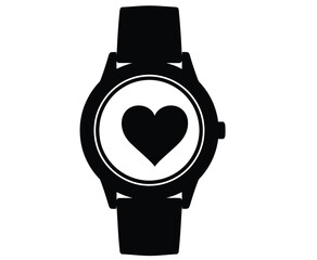 Black silhouette of a wristwatch with a heart on its face