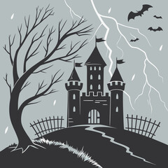 Spooky castle with bats and lightning illustration