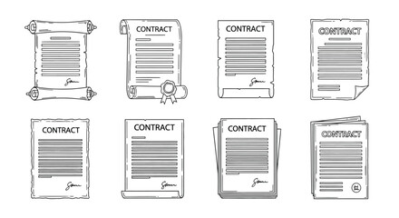 Set of contract documents isolated on white background in doodle style