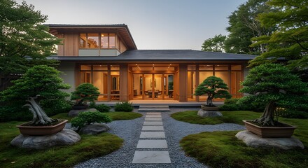 Fototapeta premium Serene Modern Japanese Home with Zen Garden and Bonsai Trees at Dusk
