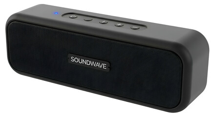 Obraz premium Gray rectangular speaker with front grill and raised buttons