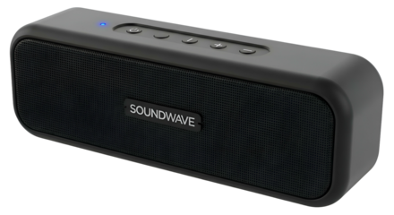 Gray rectangular speaker with front grill and raised buttons