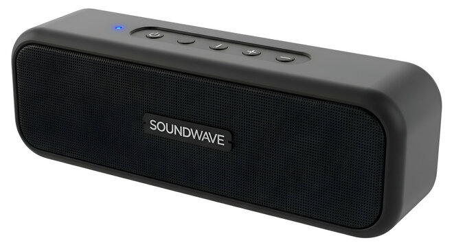 Gray rectangular speaker with front grill and raised buttons