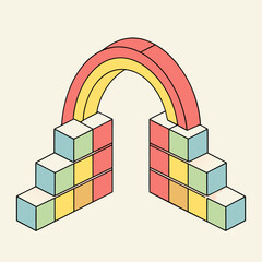 Isometric Rainbow Arch Built With Colorful Geometric Blocks