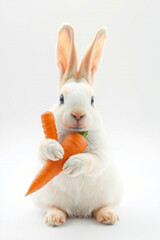 A White Rabbit Holding A Carrot On A White Background
