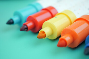 Bright colors of markers lined up on a table surface