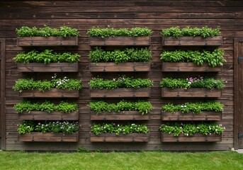 Vertical Garden Wall with Wooden Planters and Green Plants