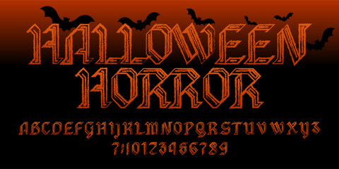 Halloween Horror vector font in a gothic grunge style. The rough, hastily brush-painted letters and numbers. Stock vector typography for festive posters, invitations, and any Halloween-themed design.