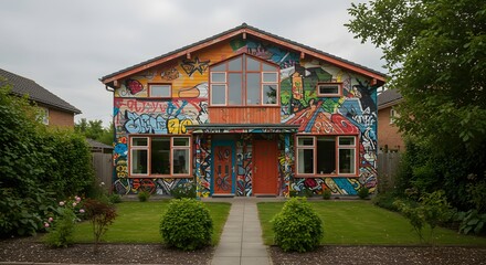 Fototapeta premium Vibrant Graffiti Art House Exterior with Lush Green Garden