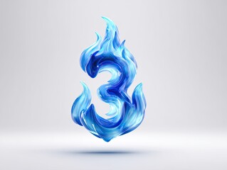 A 3D rendered blue flame shaped like the number three, floating on a white background