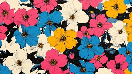 Vibrant floral pattern design, colorful flowers, seamless background, digital art, textile print, wallpaper, cover design