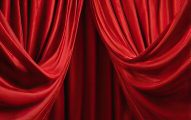 Fototapeta premium Rich red theater curtains draped open, revealing a dark backdrop. Soft folds create depth