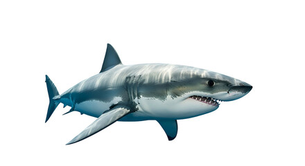 Fototapeta premium Great white shark swims, visible teeth, blue water background