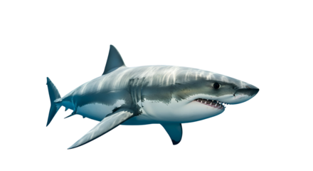 Great white shark swims, visible teeth, blue water background
