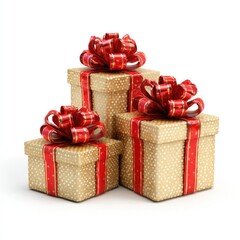 Obraz premium Three gift boxes stacked, adorned with red ribbons and bows (1)