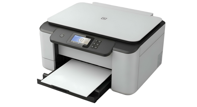 Gray multifunction printer with white paper ready for printing