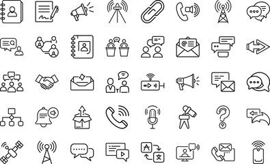 Communication And Connection Symbols icon set. With communication, chat, message, talk, call, connection, email, network, speech, signal,  And Network Elements Vector Icon Set On White Background.