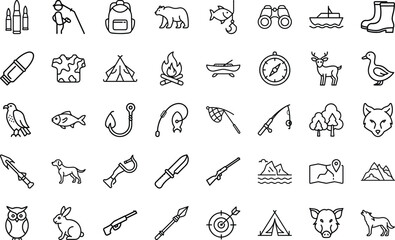 Hunting And Fishing Adventure Concept icon set. With Nature, hunting, fishing, adventure, animal, camp, forest, river, nature, Outdoor And Sport Activity Design Vector Icon Set On White Background.