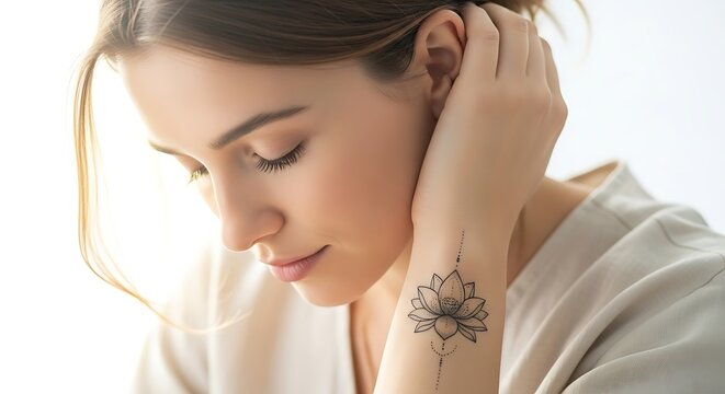 Calm and introspective young woman with a delicate black line art lotus flower tattoo on her wrist looking down peacefully in soft natural light