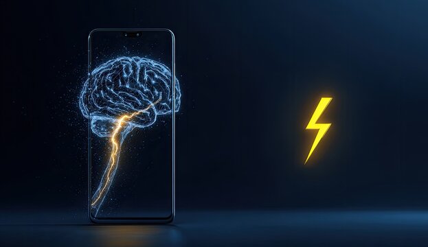 A smartphone displaying a digital brain, with a lightning bolt symbol