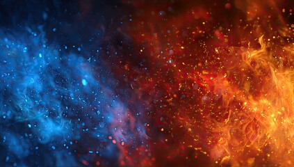 Naklejka premium Abstract image of a fiery inferno clashing with cool blue smoke, full of sparks and ethereal glow