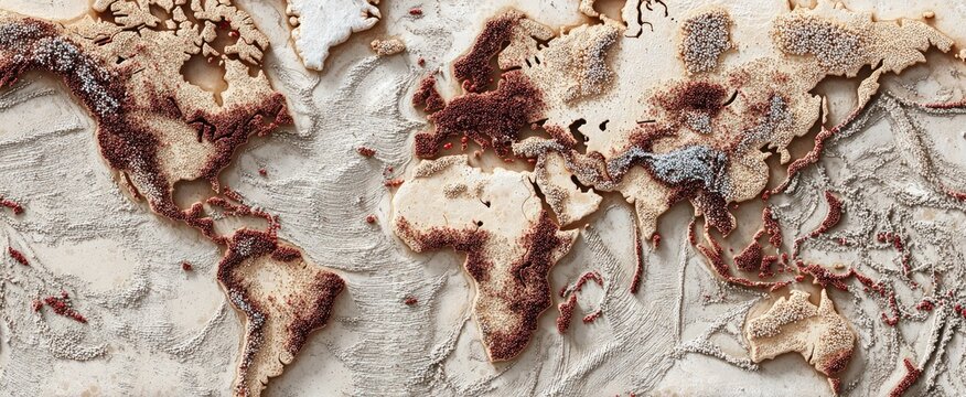A textured world map with raised landmasses and oceans; earth tones, beige, brown, and gray