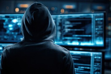 A hooded figure, seen from the back, in a dark room filled with glowing computer screens displaying complex data