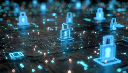 Abstract circuit board with glowing locks