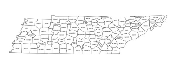 State of Tennessee, subdivided into 95 counties, outline map with borders and county names. Landlocked state in the Southeastern region of the United States, nicknamed The Volunteer State. Vector