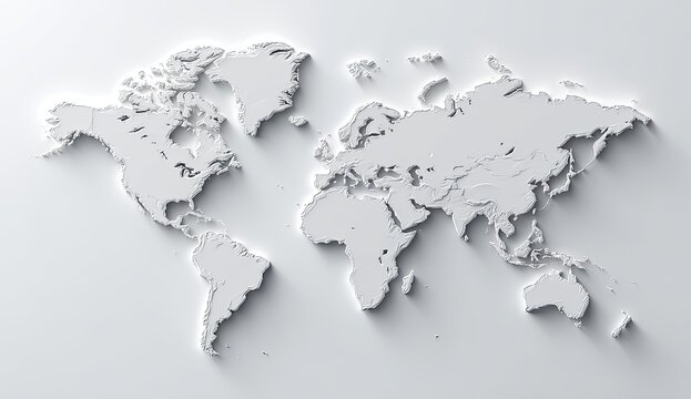 A clean, shaded, 3D rendered world map in white, continents defined with shadows