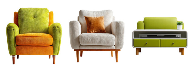 Vibrant Set of Isolated Armchairs and Modern Couch on Transparent Background