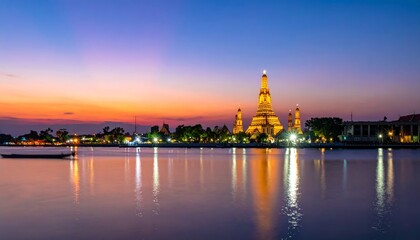 Naklejka premium Temple lights reflection on water, calm gradient sky
