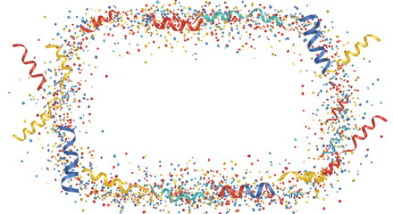 Multicolored Confetti and Curly Streamers Frame Border Isolated on White Background