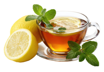 Refreshing lemon and mint tea in a glass cup