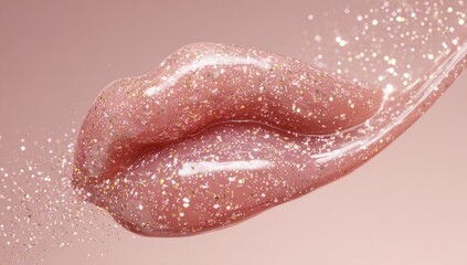 Close-up of a glossy pink lip with glittering gloss