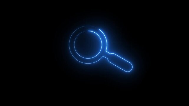 A neon searching icon, depicting a glowing magnifying glass Digital search hologram icon Magnifying glass over digital circuit board and numbers animation. Neon search icon, searching concept