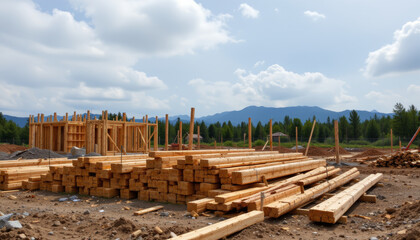 Construction timber stacked on ground at outdoor building site with mountain view
