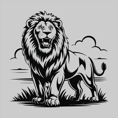 Roaring Lion Black and White Vector Illustration,Wild Lion Standing Vector Art Design,Powerful Roaring Lion Outline Vector,Lion Animal Illustration in Black and White,Detailed Lion Draw.