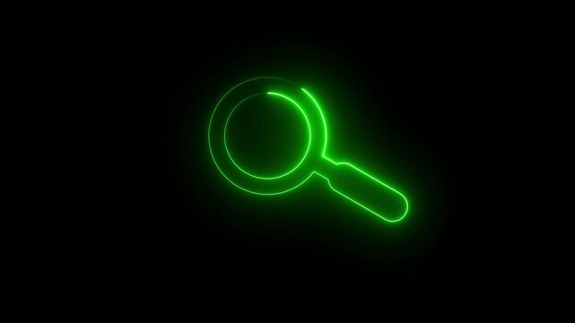 neon search icon animation. outline neon magnifying glass icon on black background.