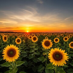 Obraz premium Sunflower Field at Sunset - A Golden Horizon of Blooms.