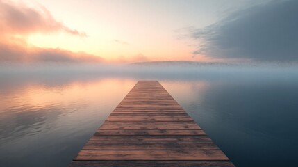 Fototapeta premium Wooden dock stretches into calm water reflecting sky with clouds at sunrise.