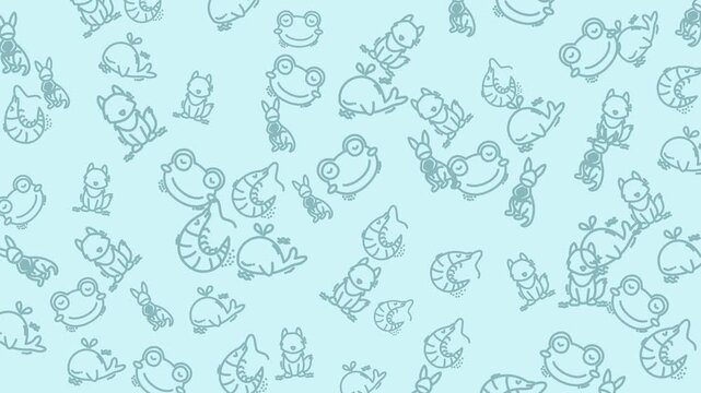 Seamless looping animation of cute hand-drawn animals pattern on soft blue background. Adorable cartoon wallpaper for kids, fabric, or stationery design.