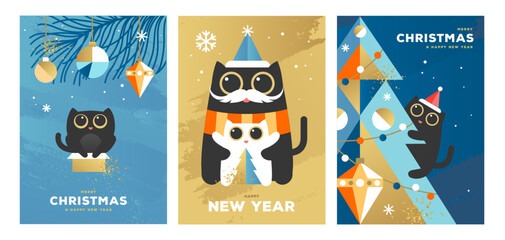 Fototapeta premium Set of Christmas holiday flat posters with funny cats, Christmas tree, gift box, baubles, and snowflakes. Christmas greeting card design. Vector illustration