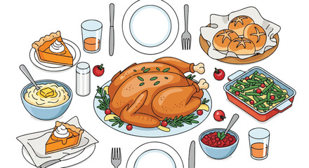 A traditional Thanksgiving dinner table setting with a roasted turkey, mashed potatoes, pumpkin pie, and assorted side dishes on a white background, conveying a warm and inviting mood.