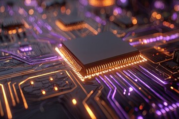 Close-up of a circuit board with glowing components