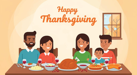 Flat vector illustration of a diverse family enjoying a traditional Thanksgiving dinner together in a warm and cozy home setting with a festive atmosphere.