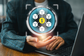 Visual representation of decentralized finance with blockchain and cryptocurrency symbols in a tech-savvy setting.